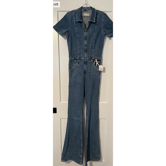 Free People We the Free Jayde Denim Flare Long Zip Up Jumpsuit Small - Picture 3 of 9